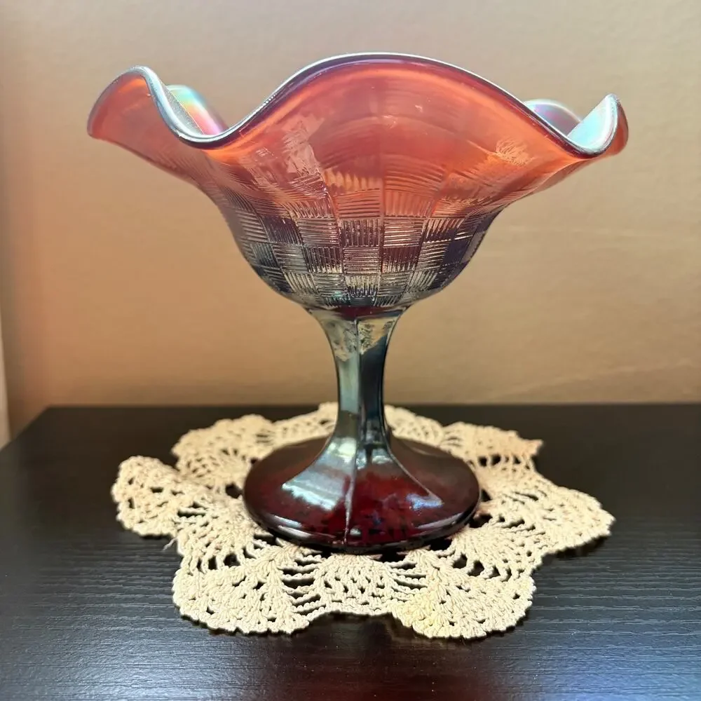 Antique Northwood Amethyst Rainbow Carnival Glass Pedestal Dish, Basket Weave